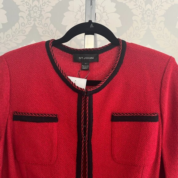 ST. JOHN Black Label Red & Black Knit Hook Front Long Sleeve Jacket - Picture 2 of 9